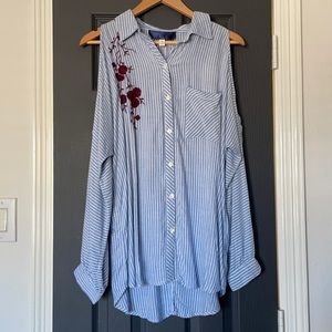 -long sleeved stripped blue/white shirt/small dress with cutout shoulders